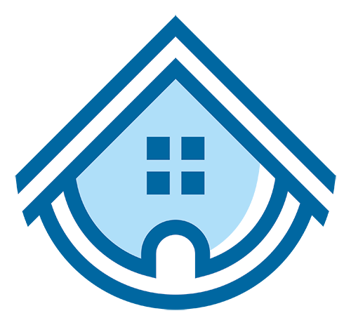 Blue house icon logo with a peaked roof, four-pane square window, and arched doorway inside a curved outline